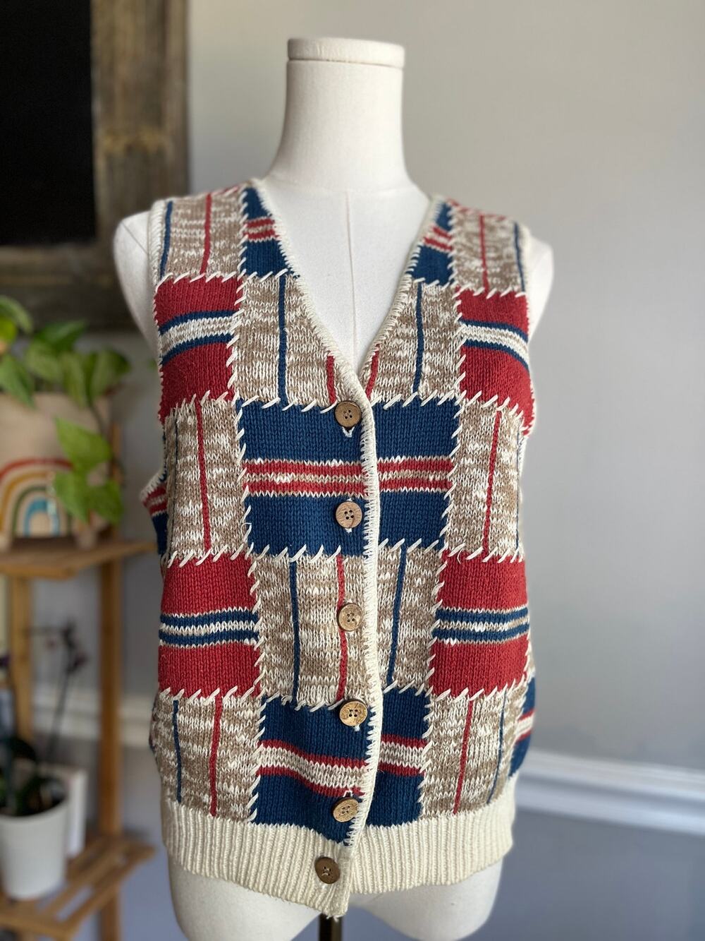 Vintage 90s Patchwork Sweater Vest Red White Blue Heritage Size Small